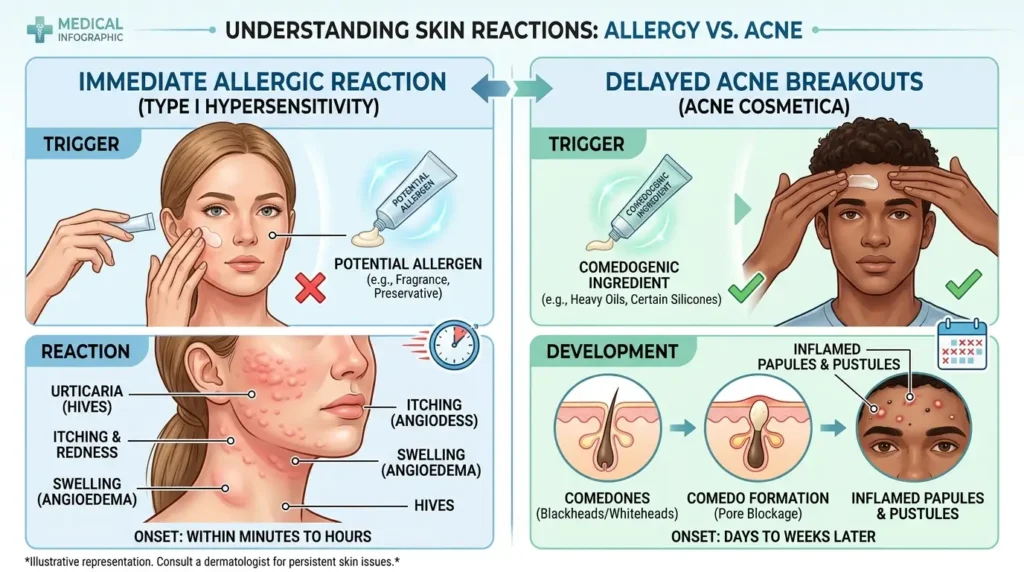 Medical illustration comparing an allergic reaction with hives and delayed acne breakouts to explain the difference between skin allergies and acne.