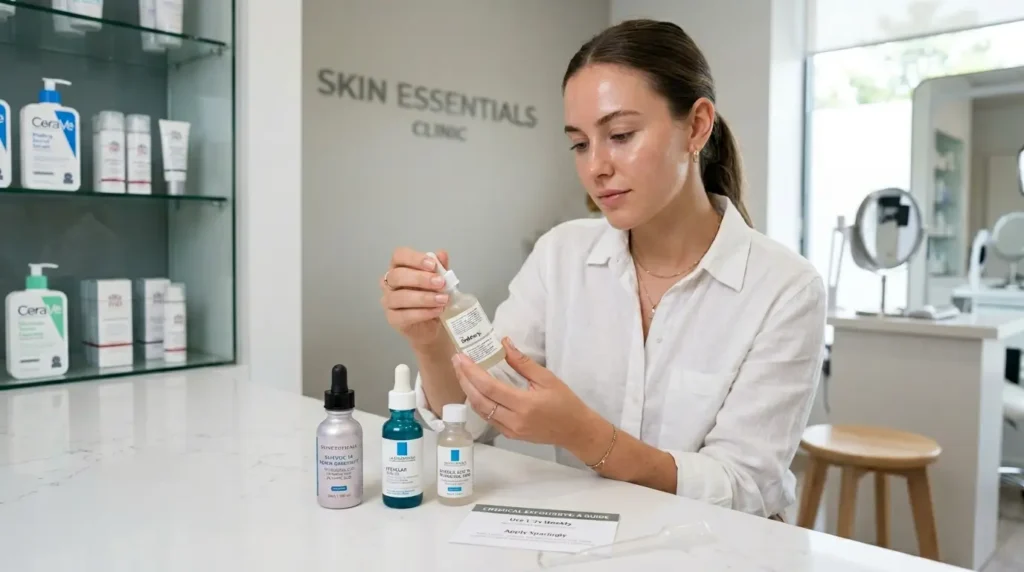 Person reading skincare ingredient labels with salicylic acid and glycolic acid serums on a clean counter