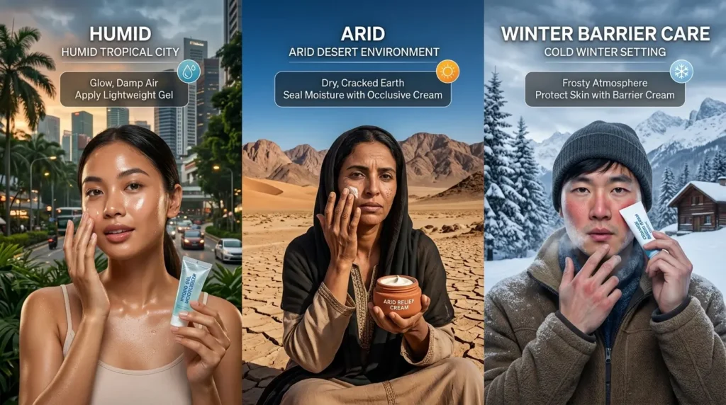 Global skincare adaptation scene with humid, arid, and cold environments using different moisturizers.