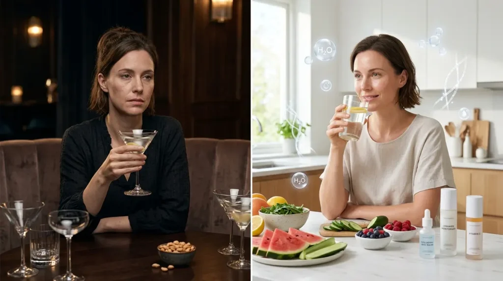 Split-screen showing alcohol's effects on dehydrated skin versus hydrated, glowing skin with water, healthy foods, hyaluronic acid, and Vitamin C skincare.