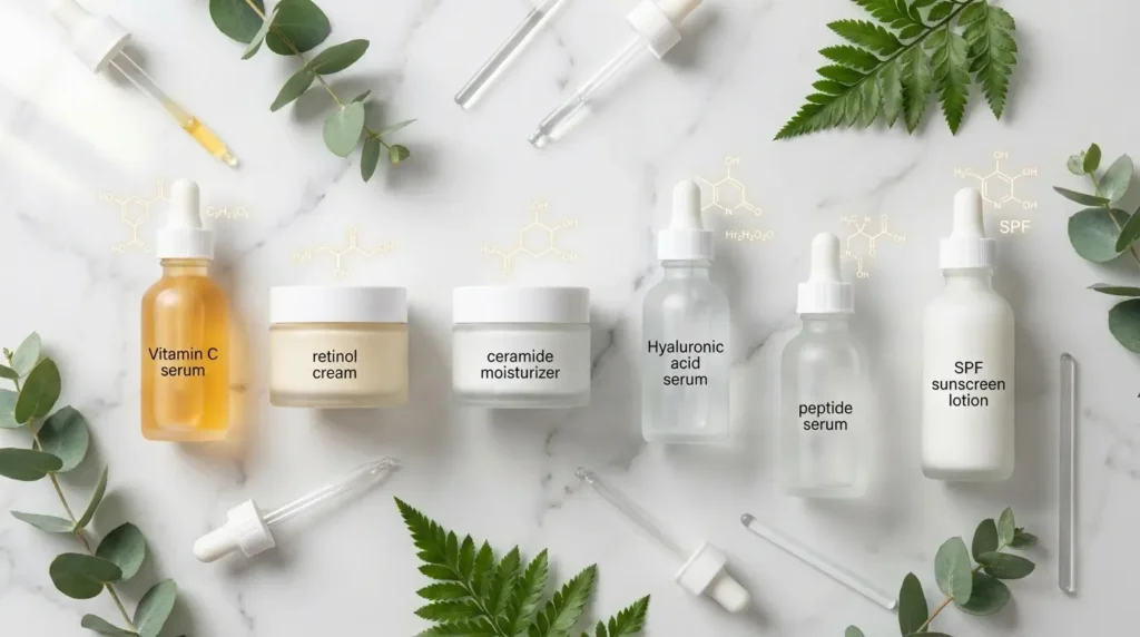 Flat lay of dermatologist-recommended skincare products including Vitamin C, retinol, hyaluronic acid, ceramide moisturizer, peptide serum, and SPF sunscreen.
