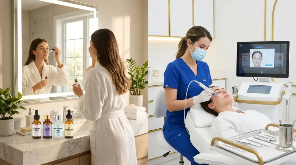 Split-scene comparison of at-home anti-aging skincare routine with Vitamin C, retinol, hyaluronic acid, and SPF versus professional dermatology treatments like microneedling, chemical peels, and Botox in a luxury clinic.