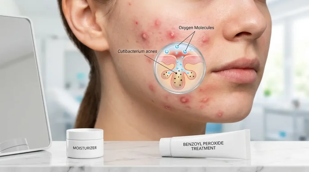 Macro view of inflamed acne showing benzoyl peroxide penetrating clogged pores, killing acne-causing bacteria, and reducing redness and swelling.