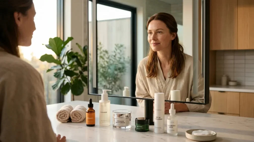 Woman in her 30s with healthy, radiant skin standing in a modern bathroom beside Vitamin C serum, retinol cream, hyaluronic acid serum, moisturizer, cleanser, and SPF 50 sunscreen during a luxury morning skincare routine.