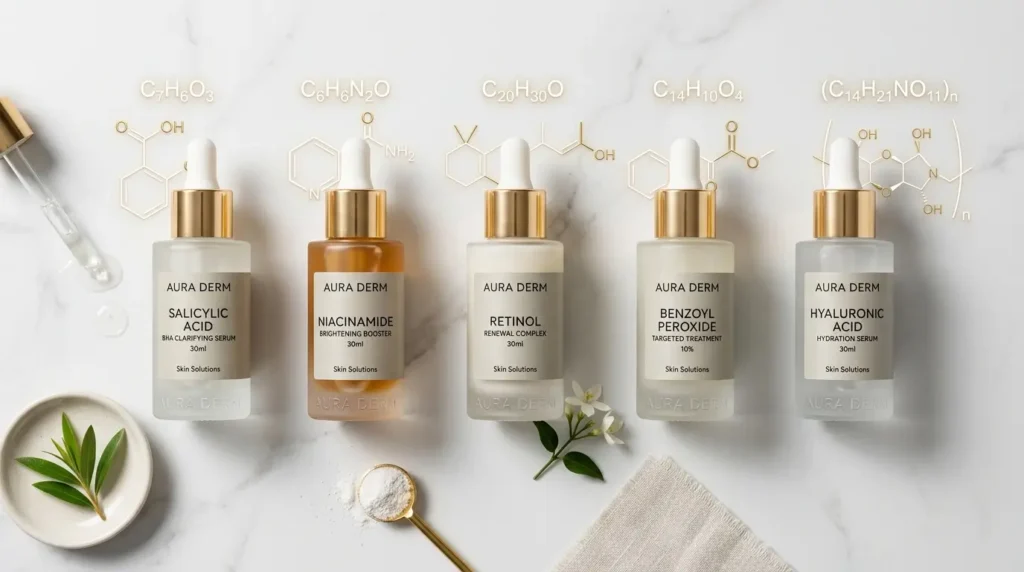 Skincare ingredients including salicylic acid, niacinamide, retinol, benzoyl peroxide, and hyaluronic acid displayed in luxury glass bottles.