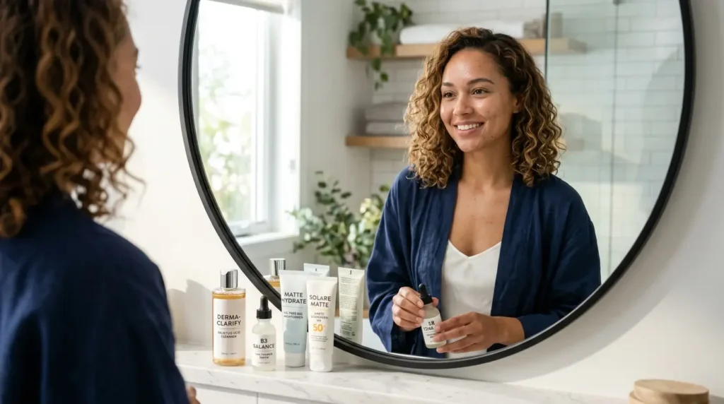 Woman with acne-prone oily skin following a skincare routine with salicylic acid cleanser, niacinamide serum, gel moisturizer, and sunscreen.