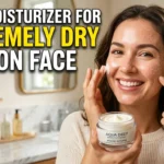 Realistic YouTube thumbnail featuring a woman with extremely dry skin and a rich face moisturizer, with bold text “Best Moisturizer for Extremely Dry Skin on Face” in a high-contrast, eye-catching design.