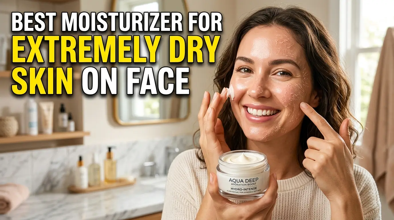 Realistic YouTube thumbnail featuring a woman with extremely dry skin and a rich face moisturizer, with bold text “Best Moisturizer for Extremely Dry Skin on Face” in a high-contrast, eye-catching design.