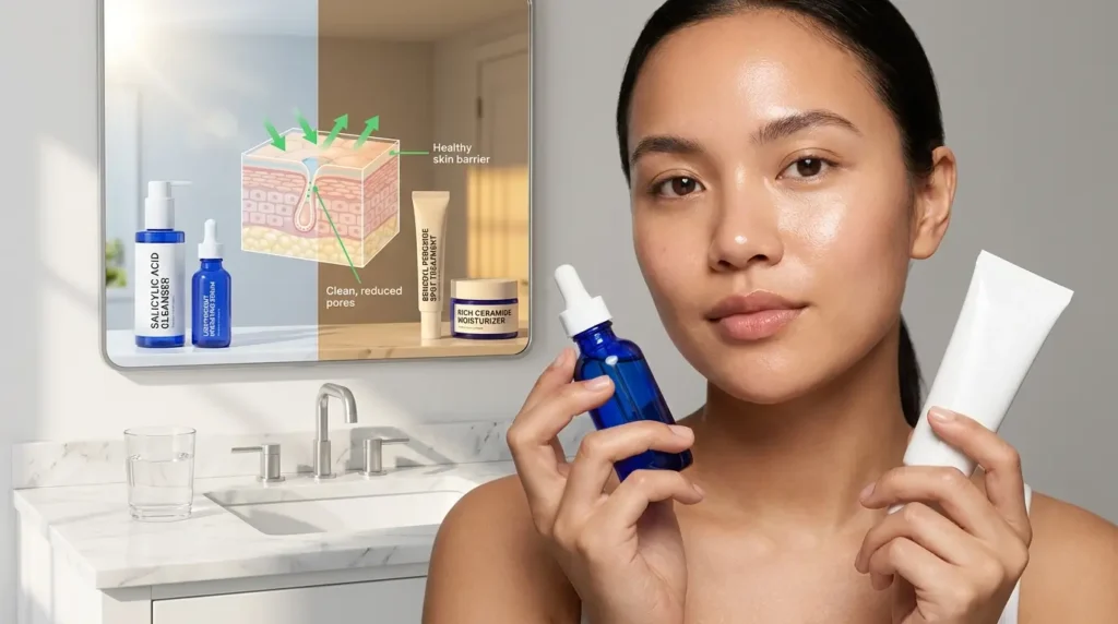 Person comparing salicylic acid and benzoyl peroxide with a morning and night acne skincare routine and healthy skin barrier illustration.