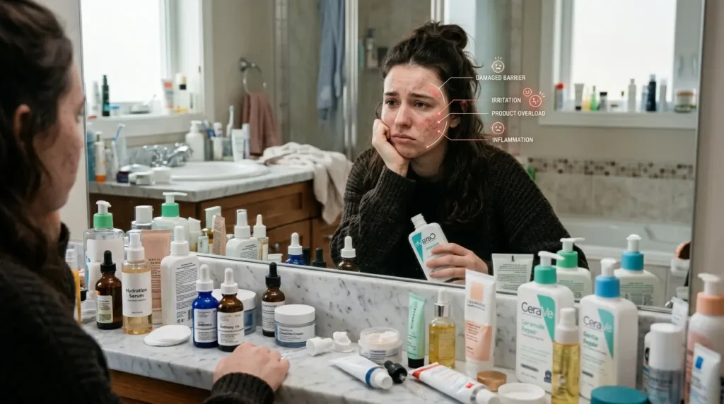 Frustrated person surrounded by half-used skincare products with visible skin irritation and breakouts.