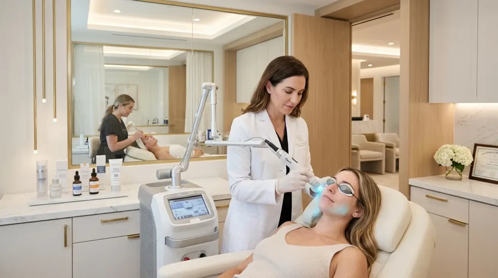 Dermatologist performing laser skin resurfacing and chemical peel treatments with post-treatment skincare products for smoother, younger-looking skin.