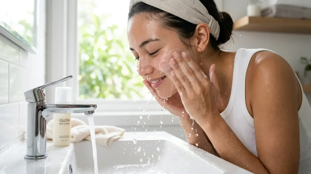 A woman gently washes her face in a bright bathroom, smiling contentedly. She's by a running faucet, wearing a headband and white tank top.
