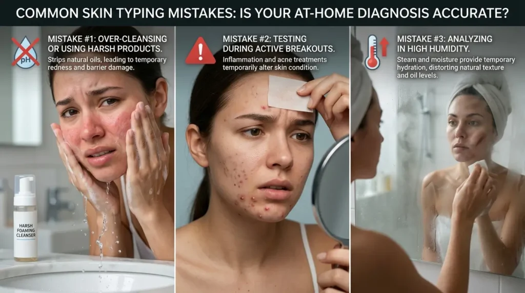 Skincare infographic showing common skin type testing mistakes including harsh cleansing, acne breakouts, and humid bathroom conditions.
