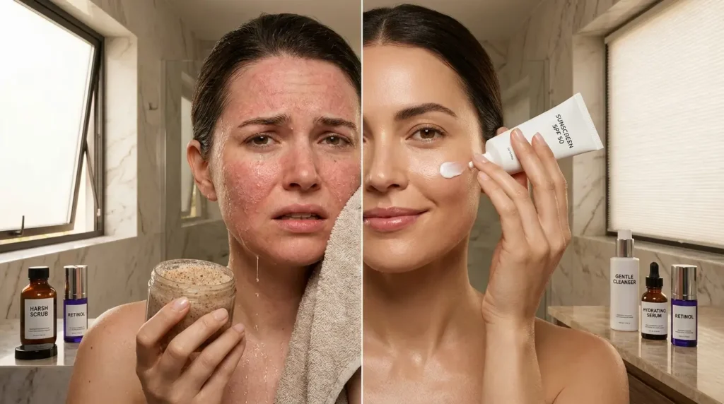 Split-screen showing common skincare mistakes versus the correct routine with retinol, sunscreen, and healthy glowing skin.