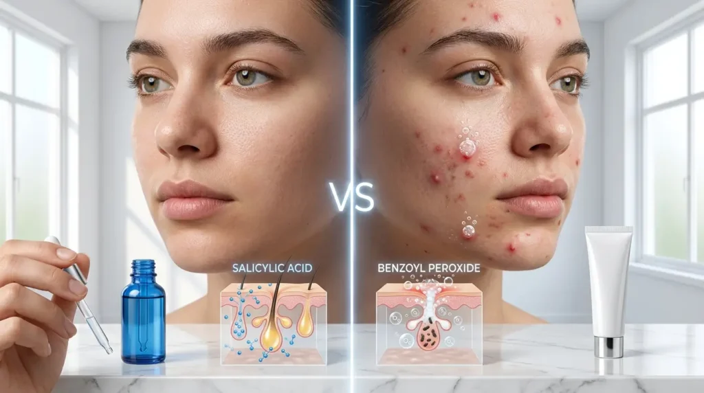 Split-screen comparison of salicylic acid and benzoyl peroxide showing unclogged pores, reduced acne, and how each treatment works on acne-prone skin.