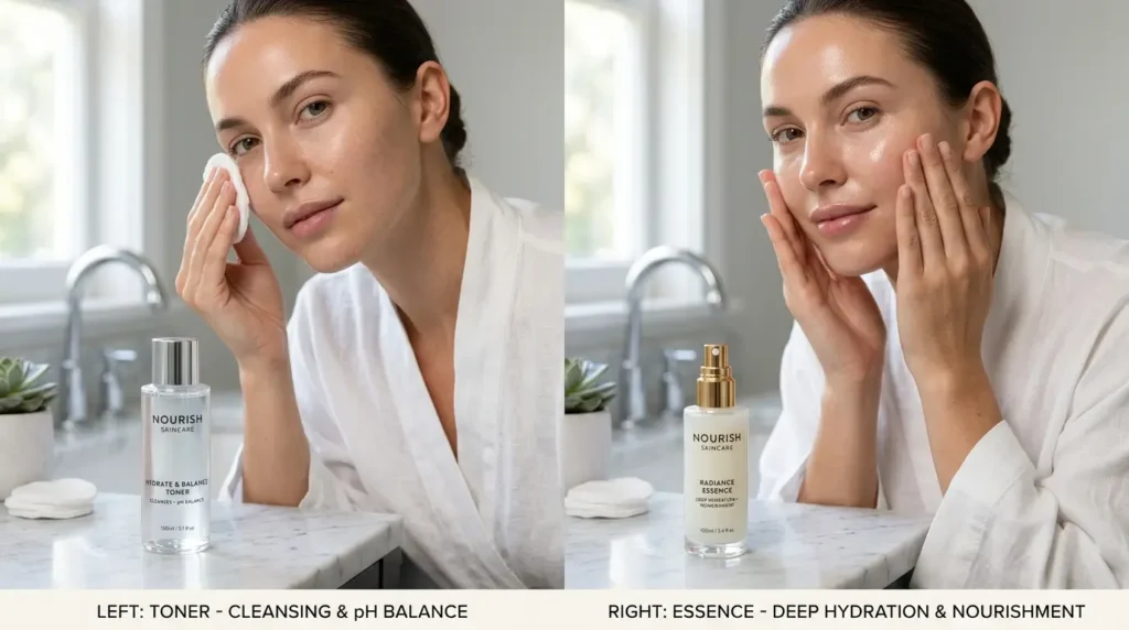 Split-screen comparison of facial toner and essence, showing toner applied with a cotton pad and essence pressed into hydrated skin by hand.