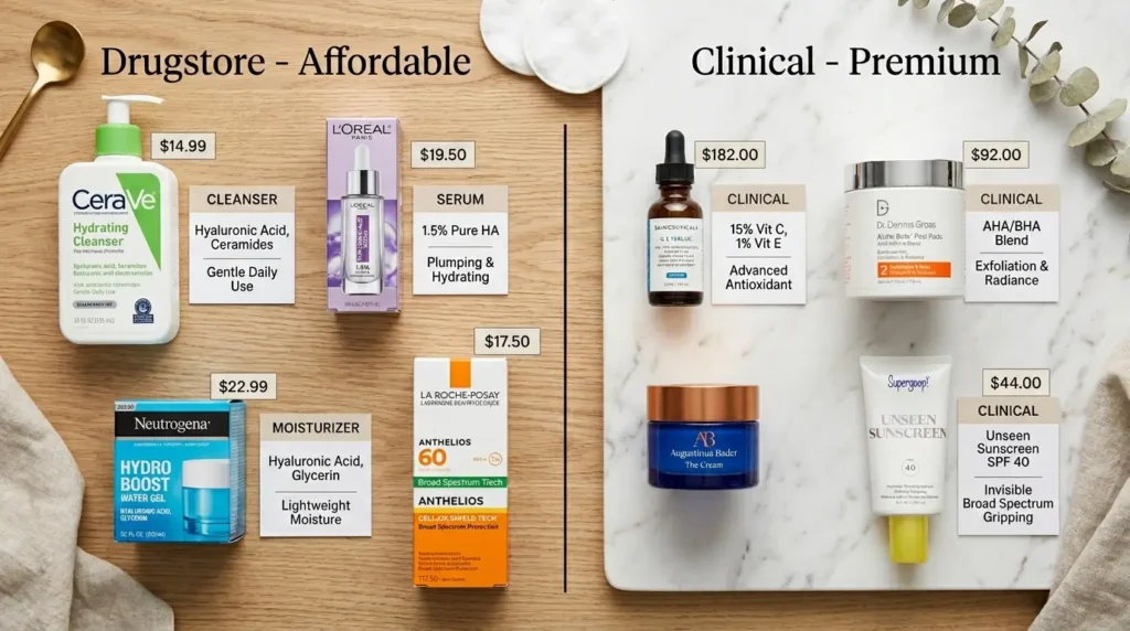 Comparison of affordable drugstore and premium skincare products with ingredient highlights and price differences displayed side by side.