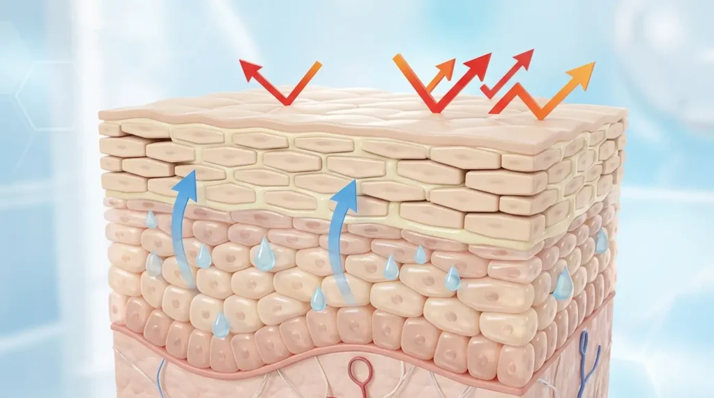 Medical-style 3D illustration of a human skin cross-section showing ceramides sealing the skin barrier, locking in moisture and blocking environmental irritants with water droplets and directional arrows.