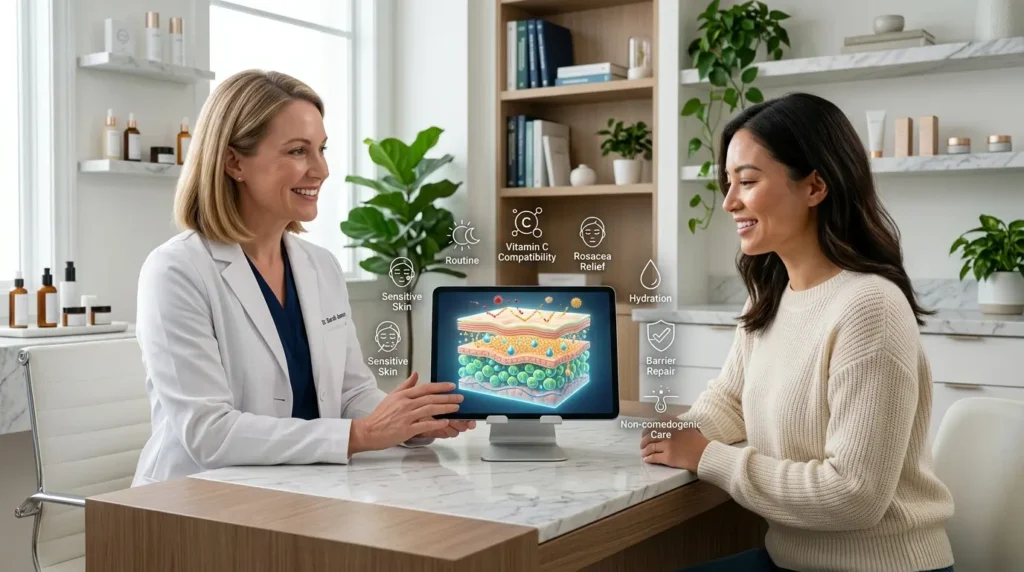 Dermatologist explaining ceramide skincare to a woman in a modern clinic using a digital tablet with a 3D skin barrier illustration, surrounded by hydration and skincare routine icons in a bright, luxurious setting.
