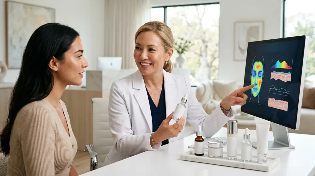 Female dermatologist discussing hyaluronic acid skincare with a patient in a modern clinic, with skincare products and a digital skin hydration display on a clean consultation desk.