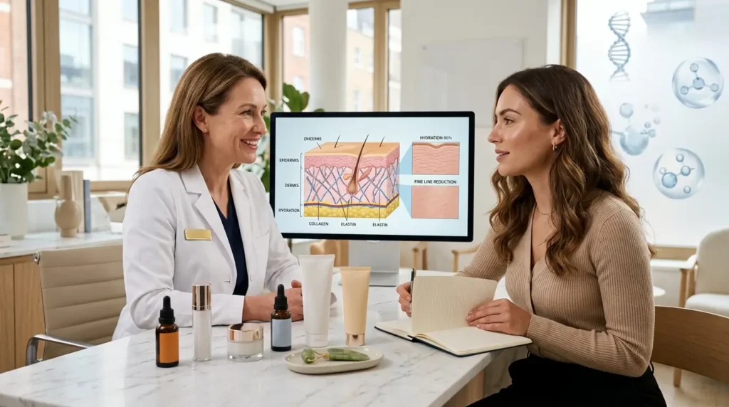 Dermatologist consulting a woman about an anti-aging skincare routine with retinol, Vitamin C, peptides, hyaluronic acid, moisturizer, SPF sunscreen, and collagen analysis.