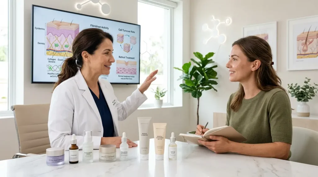 Dermatologist explaining retinol and anti-aging skincare with skin analysis, collagen graphics, and products including retinol, Vitamin C, niacinamide, moisturizer, and sunscreen.