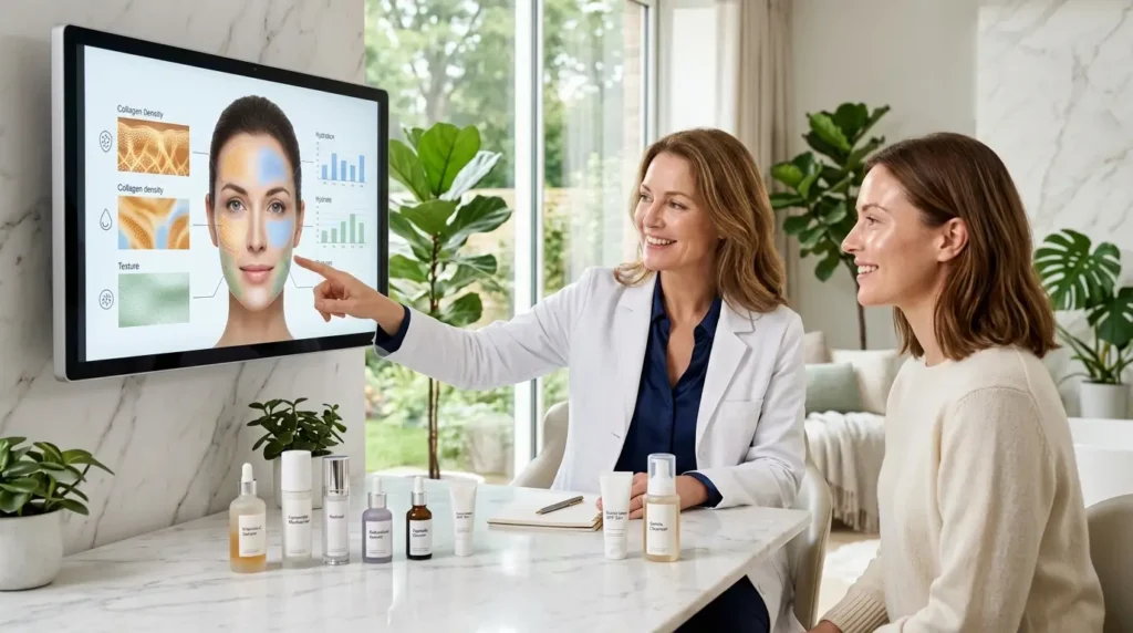 Female dermatologist consulting with a woman in a bright modern skincare clinic, reviewing a digital skin analysis display with premium skincare products neatly arranged on a white desk.