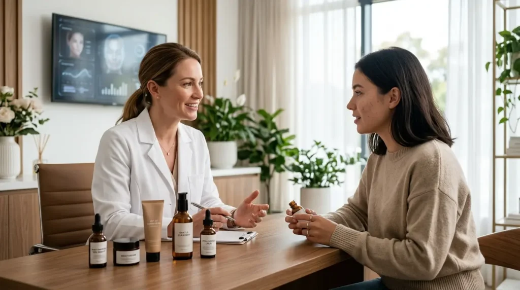 Dermatologist consulting a client in a luxury clinic while presenting a niacinamide serum, with skincare products on a shelf and a digital skin analysis screen in a bright modern medical spa setting.