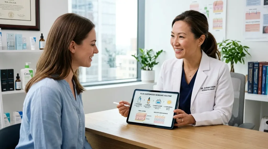 Dermatologist consulting patient with skincare routine shown on tablet in modern clinic.