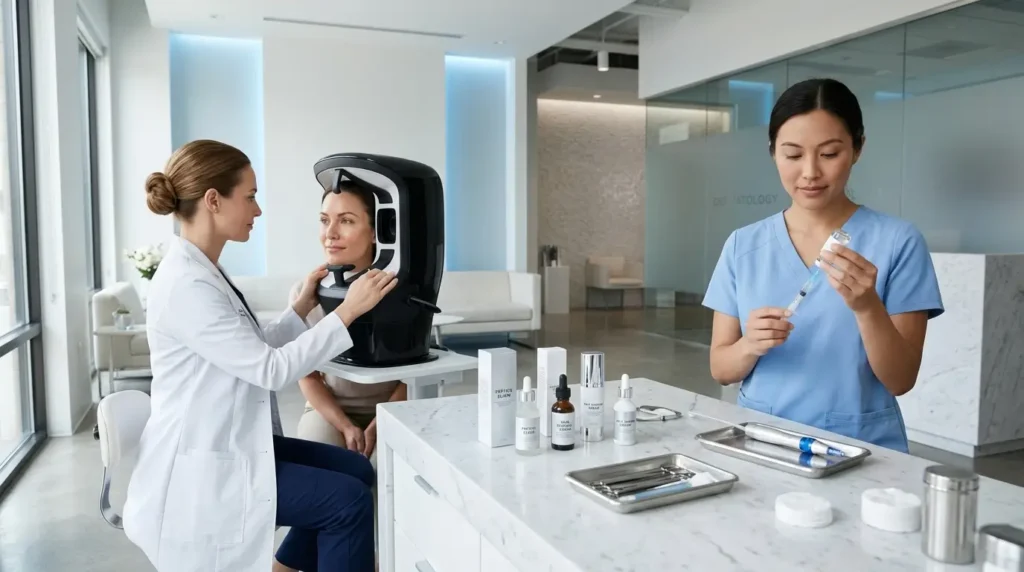 Modern dermatology clinic scene with a dermatologist performing skin analysis and an aesthetician preparing peptide skincare after microneedling, showing a patient with healthy glowing skin in a clean luxury medical spa setting.