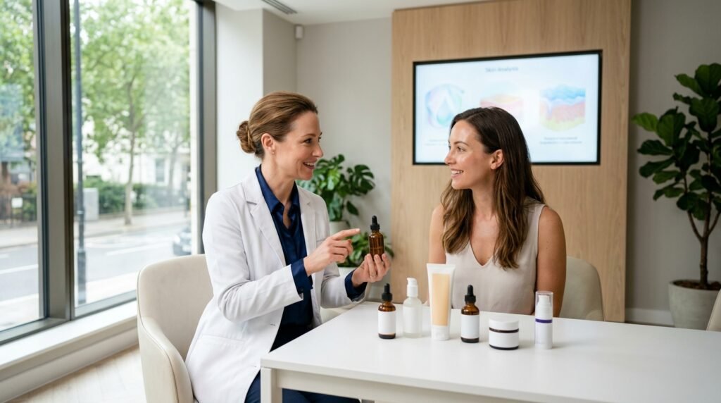 Female dermatologist consulting a woman about Vitamin C serum in a modern clinic, with premium skincare products neatly arranged on the desk and a digital skin analysis display in the background.
