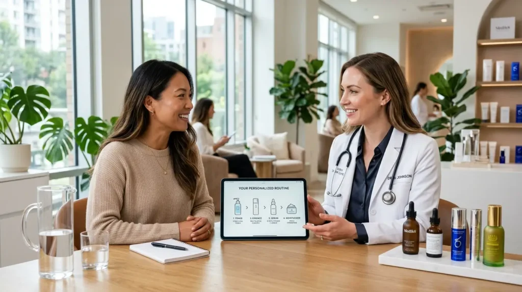 Dermatologist consulting a woman about skincare routines with skincare products and a tablet in a modern clinic.