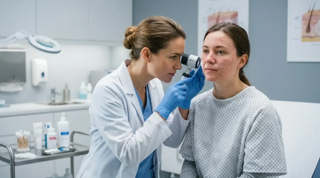 Dermatologist examining a patient with extremely dry, irritated facial skin using a dermatoscope in a modern clinic with a clean, professional medical setting.