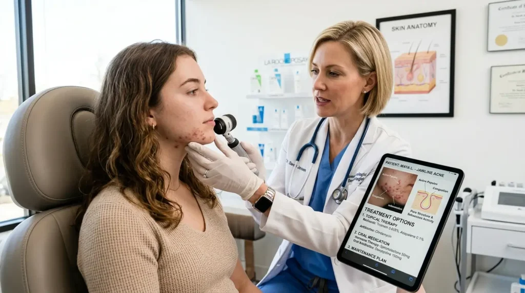 Dermatologist examining a woman’s jawline acne while reviewing skin analysis and treatment options on a digital tablet.