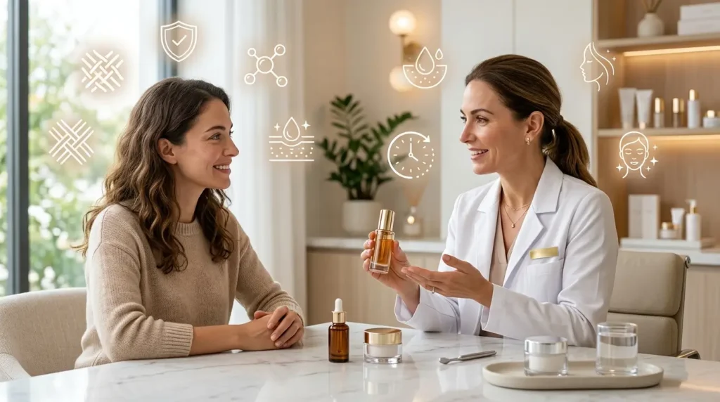 Dermatologist consulting a patient about peptide skincare in a modern clinic, with luxury serums on a marble desk and subtle floating skincare icons representing anti-aging and skin health concepts.