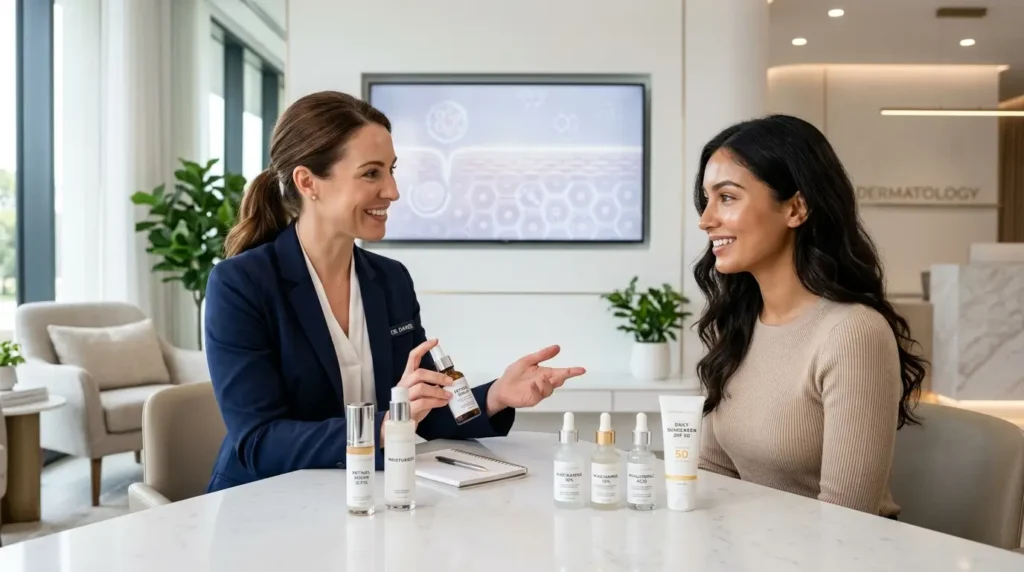 Dermatologist explaining a retinol skincare routine to a woman in a modern clinic, with retinol, moisturizer, sunscreen, niacinamide, and hyaluronic acid products displayed on a consultation desk.