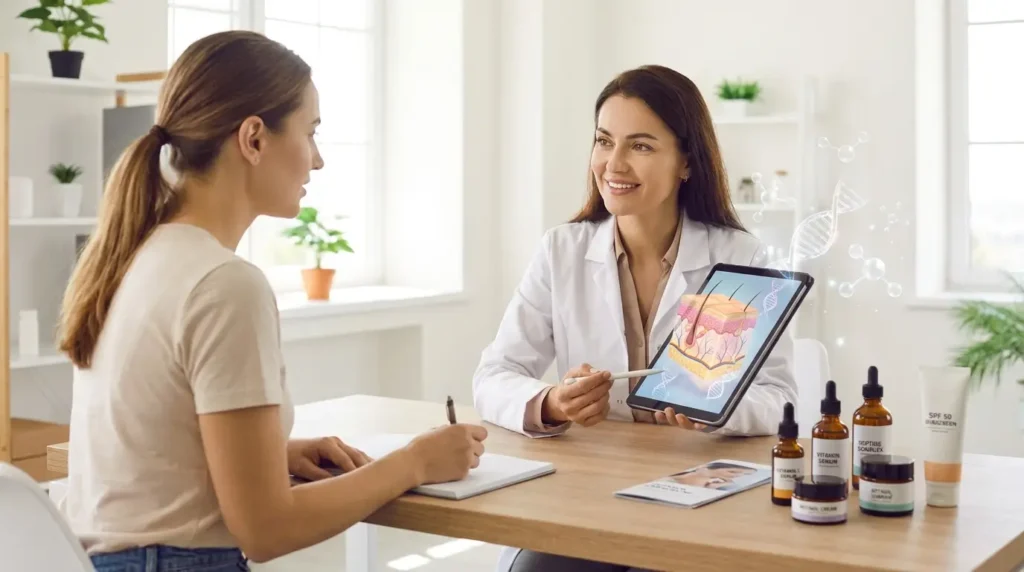 Dermatologist explaining anti-aging skincare routine to a woman in her 30s using a digital skin analysis tablet and products like vitamin C, retinol, peptides, ceramides, hyaluronic acid, and SPF 50 sunscreen.