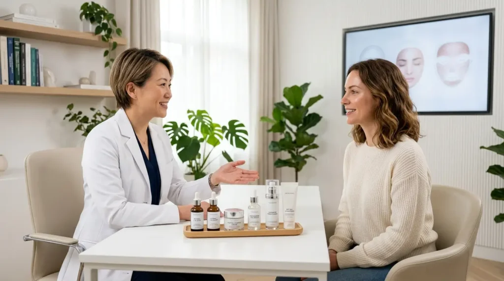 Female dermatologist consulting a woman in a modern clinic, with premium skincare products on a desk and a digital skin analysis screen in the background.