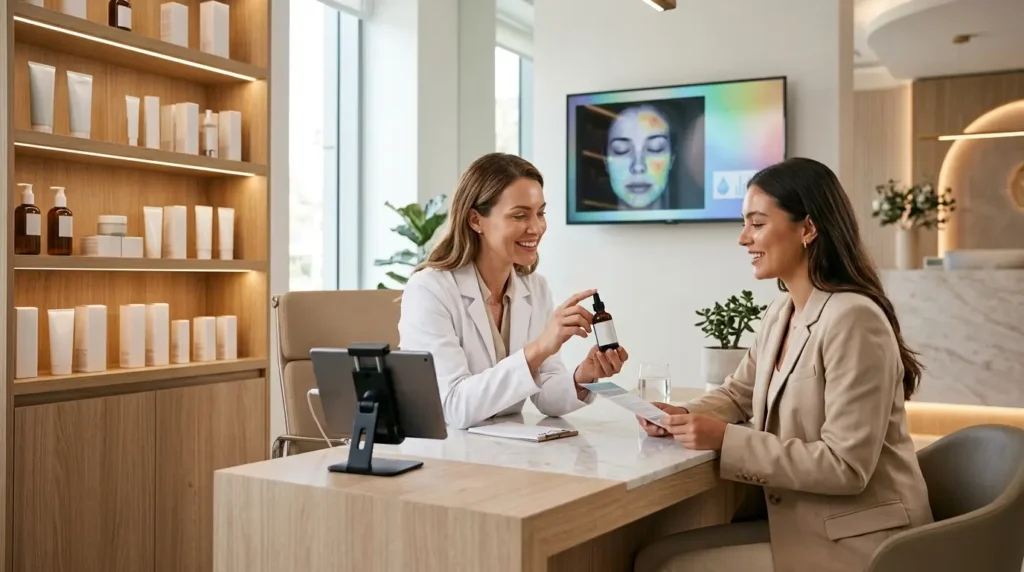 Dermatologist consulting a young woman about niacinamide in a bright modern clinic with skincare products on the desk and a digital skin analysis screen in the background under soft natural light.