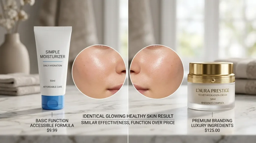 Skincare comparison showing budget and luxury moisturizers with same skin results on marble background.