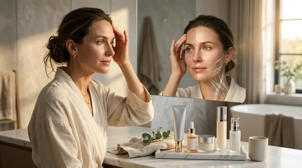 Woman using retinol cream with Vitamin C, hyaluronic acid, moisturizer, and SPF sunscreen to reduce fine lines and improve skin firmness.