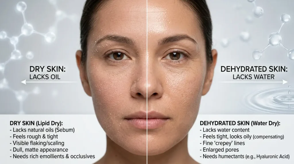 Dermatology skincare infographic comparing dry skin that lacks oil and dehydrated skin that lacks water.