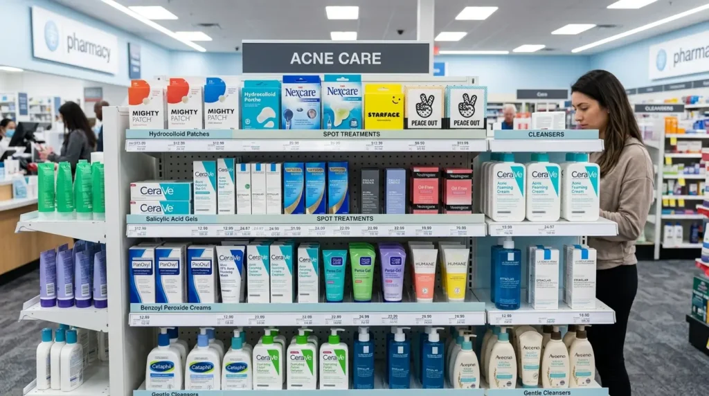 Pharmacy shelf displaying acne treatments including hydrocolloid patches, salicylic acid, benzoyl peroxide, and gentle cleansers.