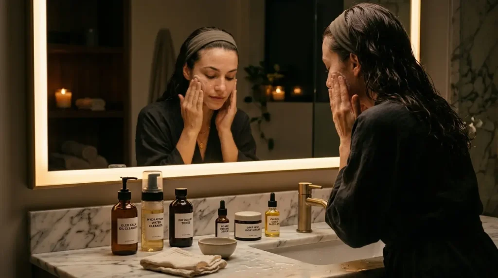 Nighttime skincare routine in cozy bathroom with person applying products and warm spa-like lighting.