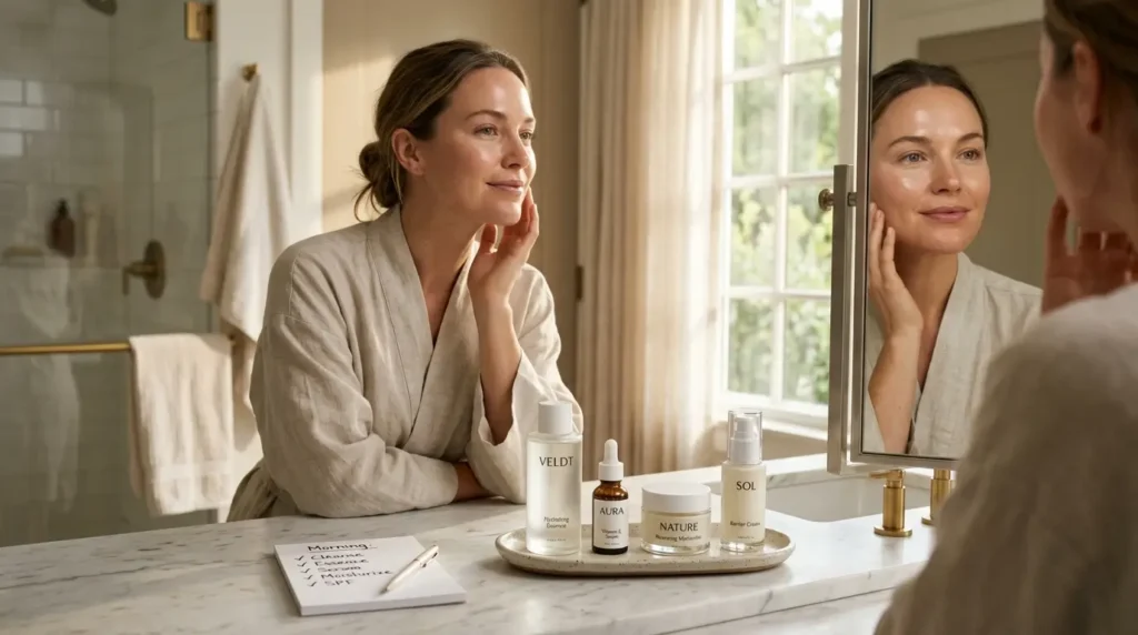 Morning skincare scene with simple routine, organized products, and confident healthy skin.
