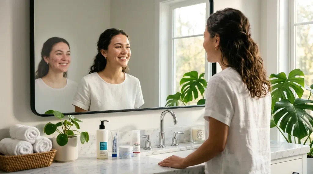 Person with clear, healthy skin after a consistent acne routine using salicylic acid, benzoyl peroxide, moisturizer, and sunscreen, showing a natural before-and-after transformation.