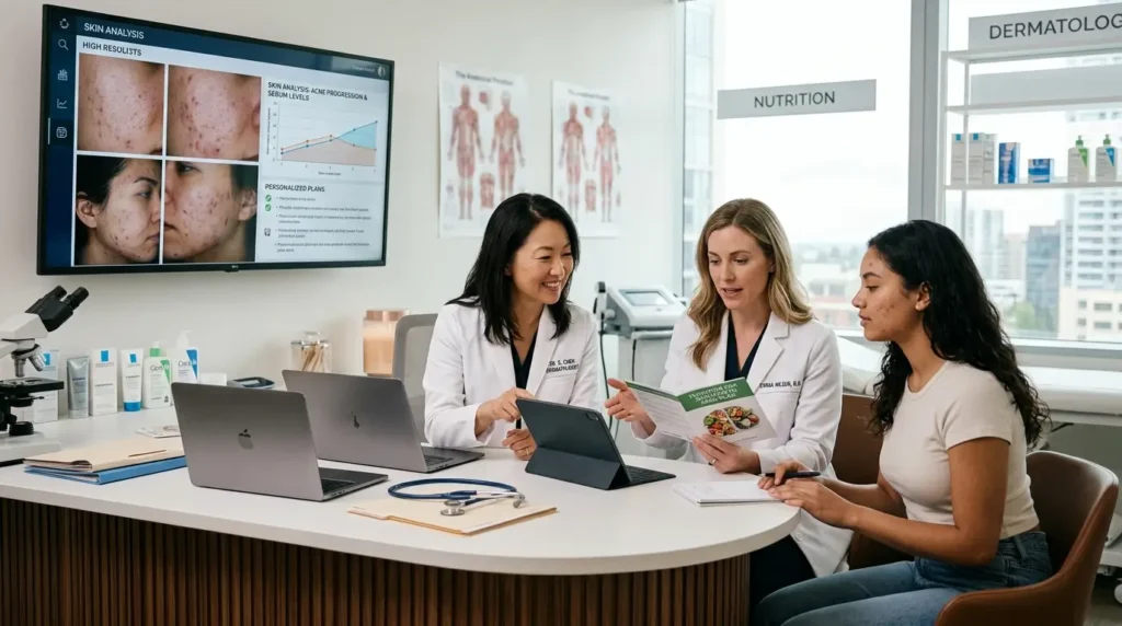 Dermatologist and dietitian consulting a patient about acne treatment, nutrition, and a personalized clear skin plan.