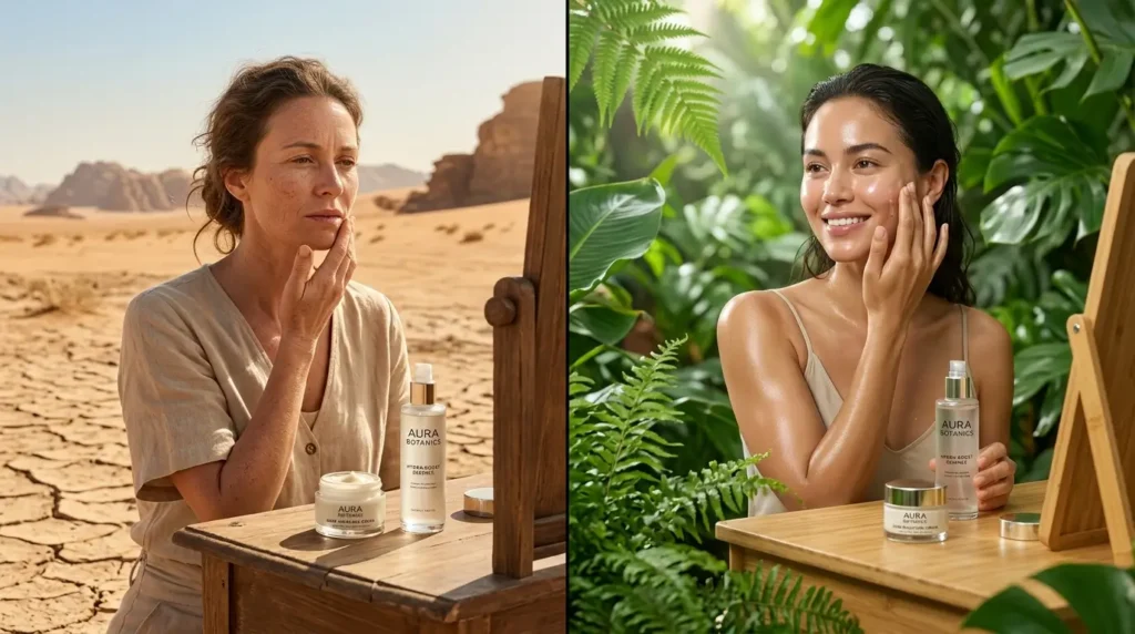 Woman using skincare essence in dry and humid climates, highlighting different hydration needs and skin conditions.