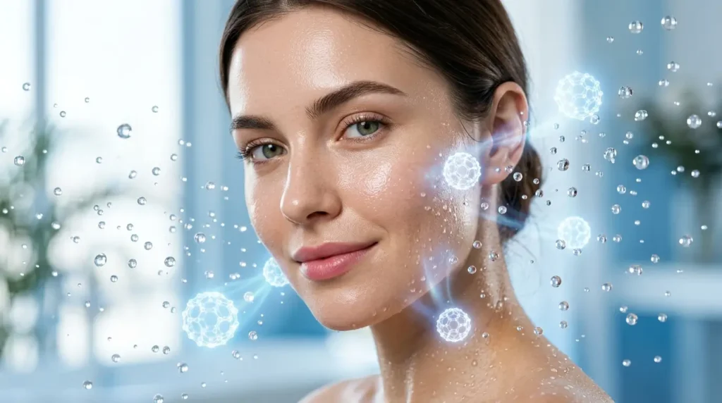 Macro beauty portrait of a woman with radiant hydrated skin surrounded by crystal-clear water droplets and subtle hydration-inspired effects on a clean, softly lit background.