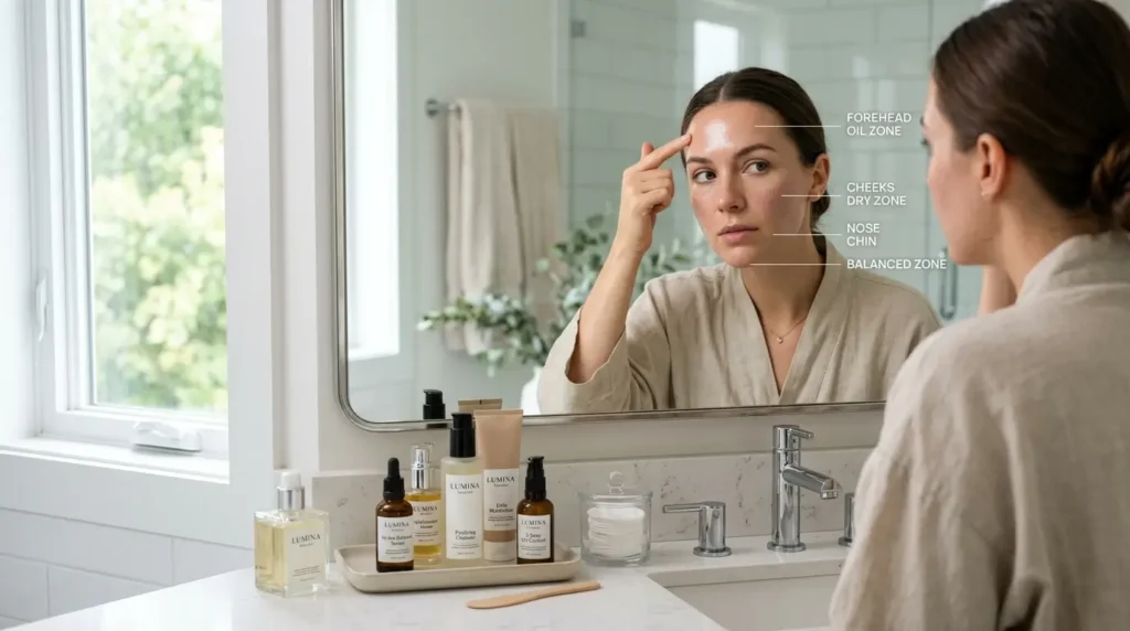 Person examining skin in bathroom mirror showing oily, dry, and balanced skin zones with skincare products on counter.
